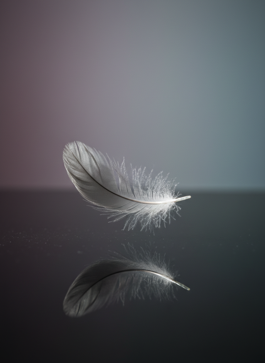 A single translucent feather, its barbs finely detailed with soft grays and silvers, floats above a matte black reflective surface. The scene is set against a blurred background of pale gradients, blending seamlessly from dusky plum to slate. Diffuse, side-lit illumination gently defines the feather's contours, while its soft shadow and mirrored silhouette provide understated elegance. The image is composed with negative space and a minimalist, refined sensibility, using a shallow depth of field to create an atmosphere of subtle mystery and philosophical contemplation, ideal for a sophisticated philosophical context.